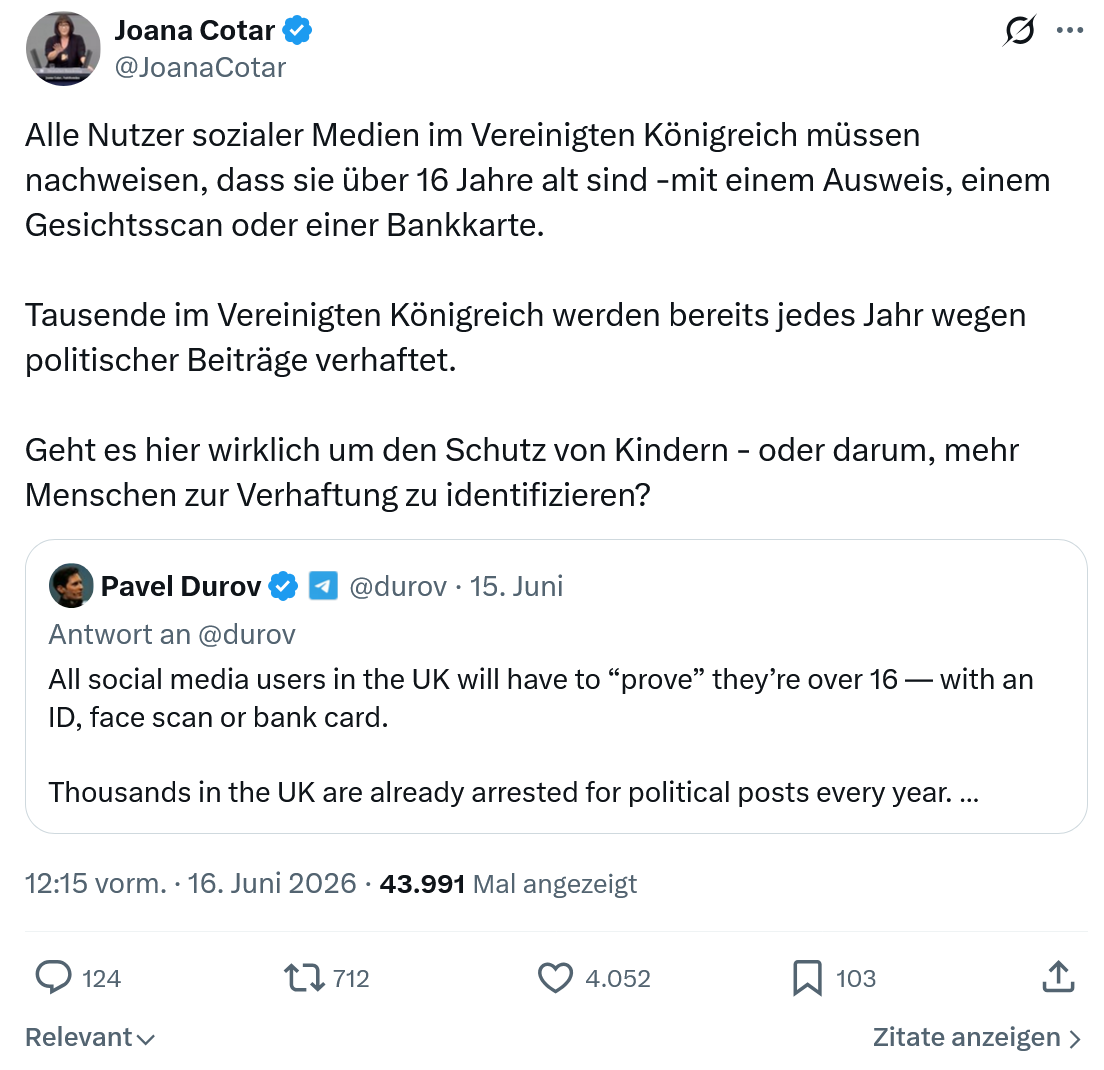 Joana Cotar: Alle Nutzer sozialer Medien im Vereinigten Königreich...