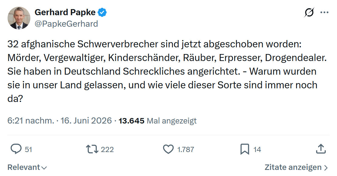 Gerhard Papke: 32 afghanische Schwerverbrecher sind jetzt abgeschoben worden...