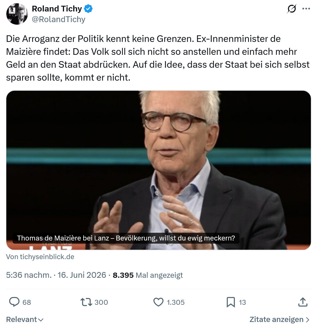 Roland Tichy: Die Arroganz der Politik kennt keine Grenzen...