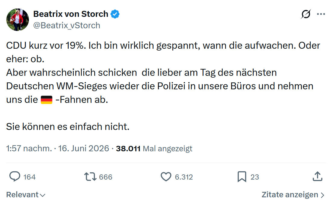Beatrix von Storch: "CDU kurz vor 19%. Ich bin wirklich...