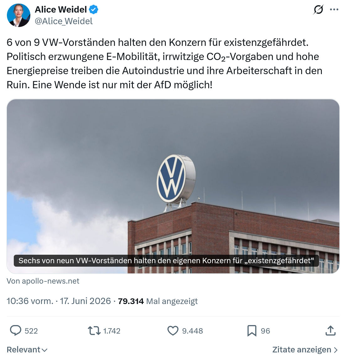 Alice Weidel: 6 von 9 VW-Vorständen halten den Konzern...