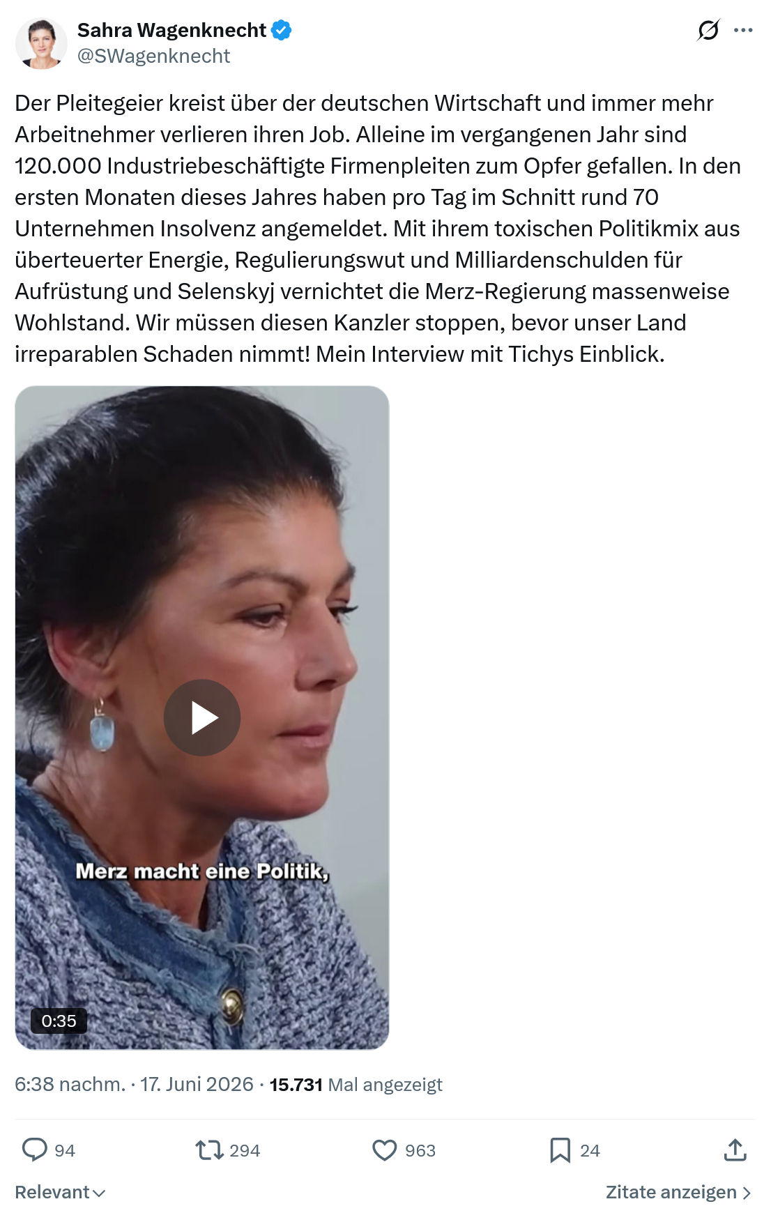 Sahra Wagenknecht: Der Pleitegeier kreist über der...