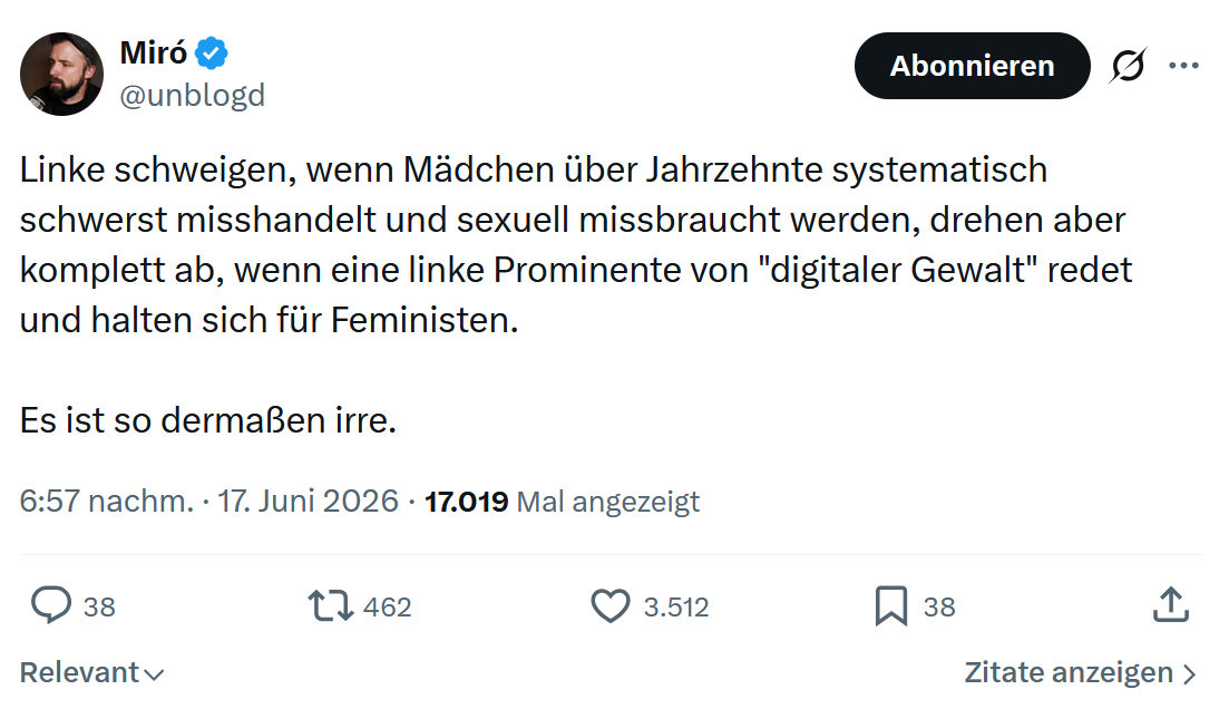 Miro Wolsfeld: Linke schweigen, wenn Mädchen über...
