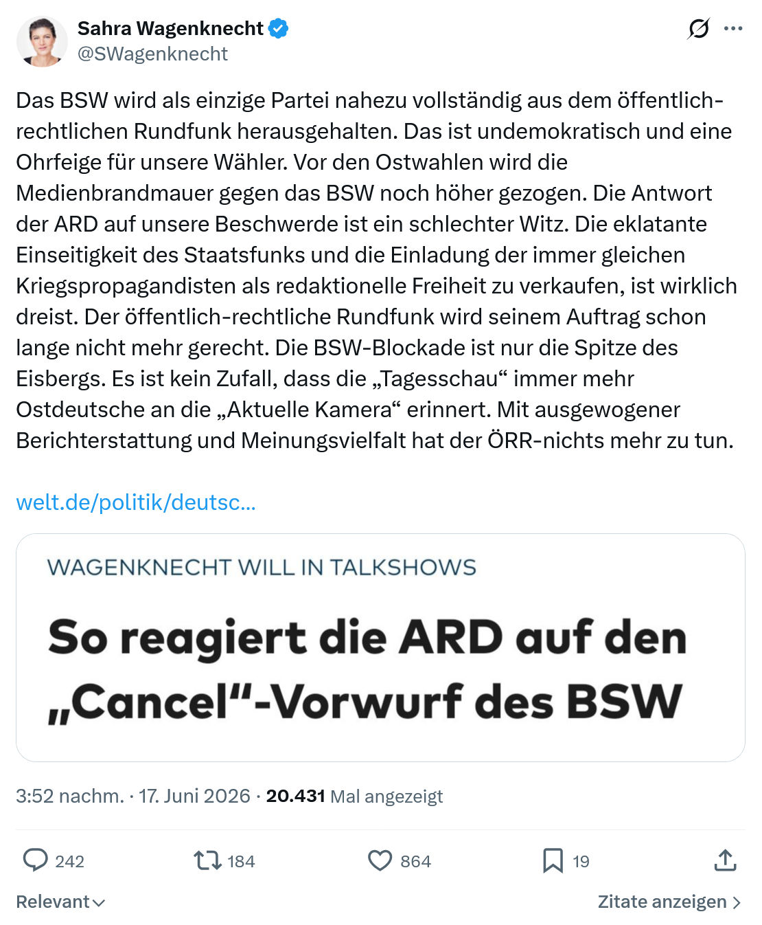 Sahra Wagenknecht: Das BSW wird als einzige Partei nahezu