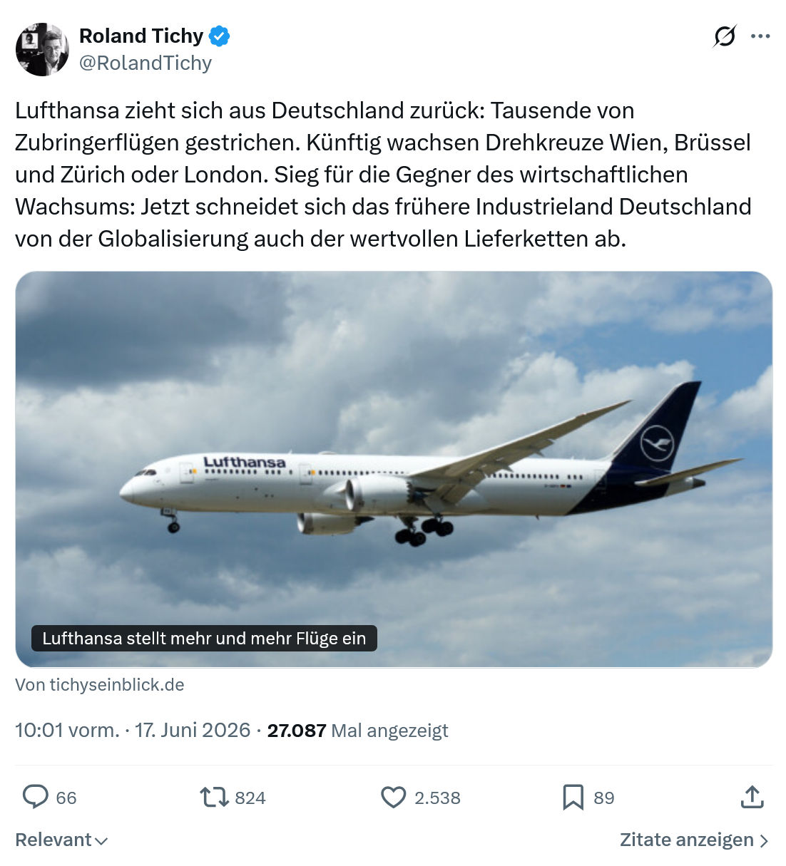 Roland Tichy: Lufthansa zieht sich aus Deutschland zurück