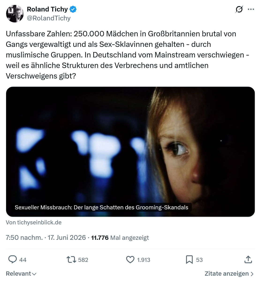 Roland Tichy: Unfassbare Zahlen: 250.000 Mädchen in Großbritannien