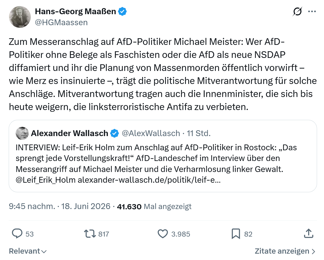 Hans-Georg Maaßen: Zum Messeranschlag auf AfD-Politiker...
