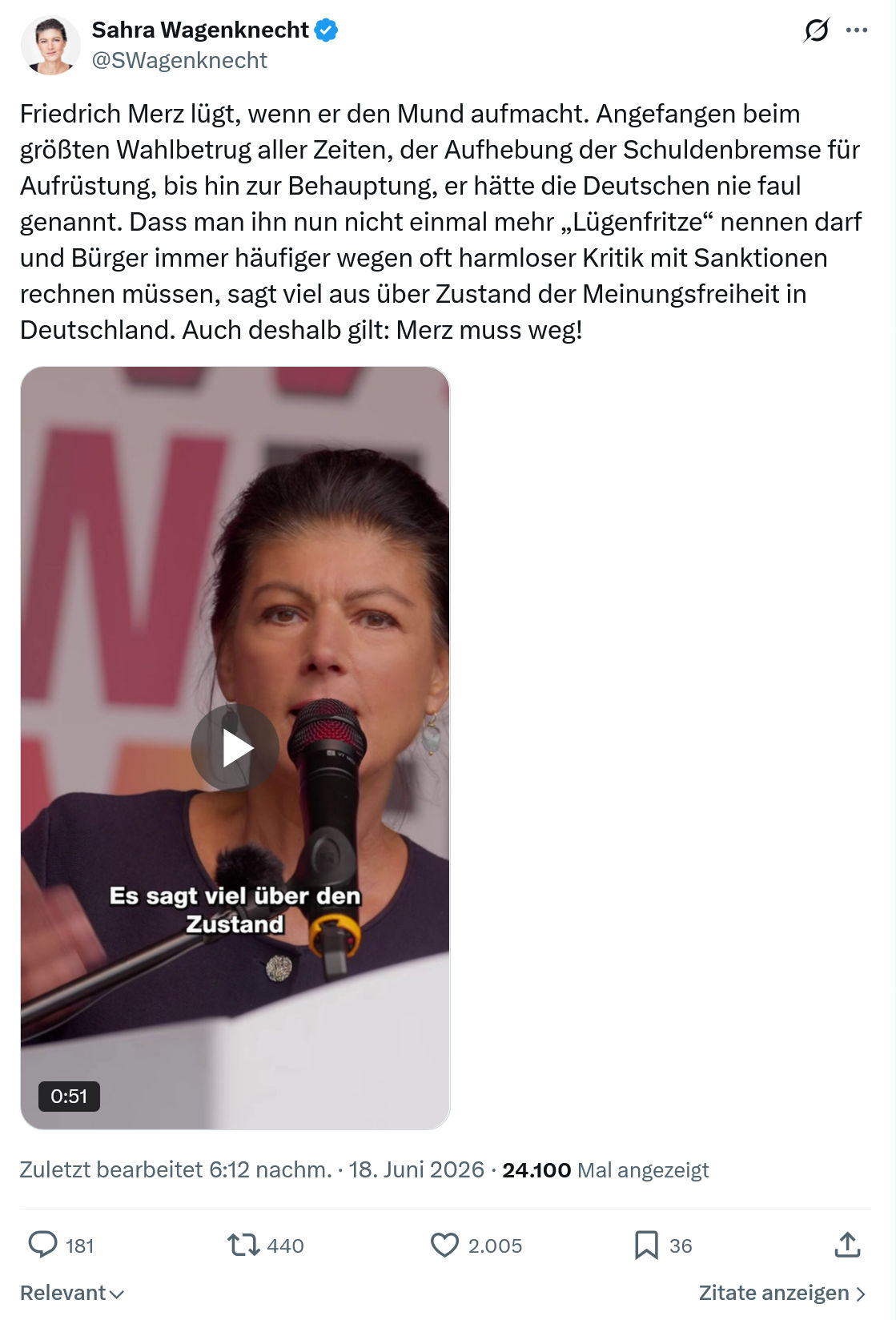 Sahra Wagenknecht: Friedrich Merz lügt, wenn er den...