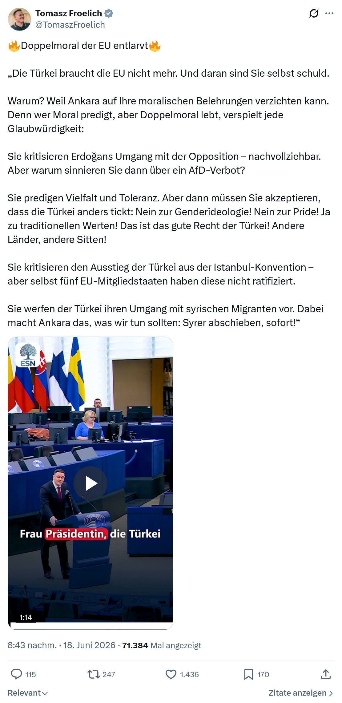 Tomasz Froelich: Doppelmoral der EU entlarvt...