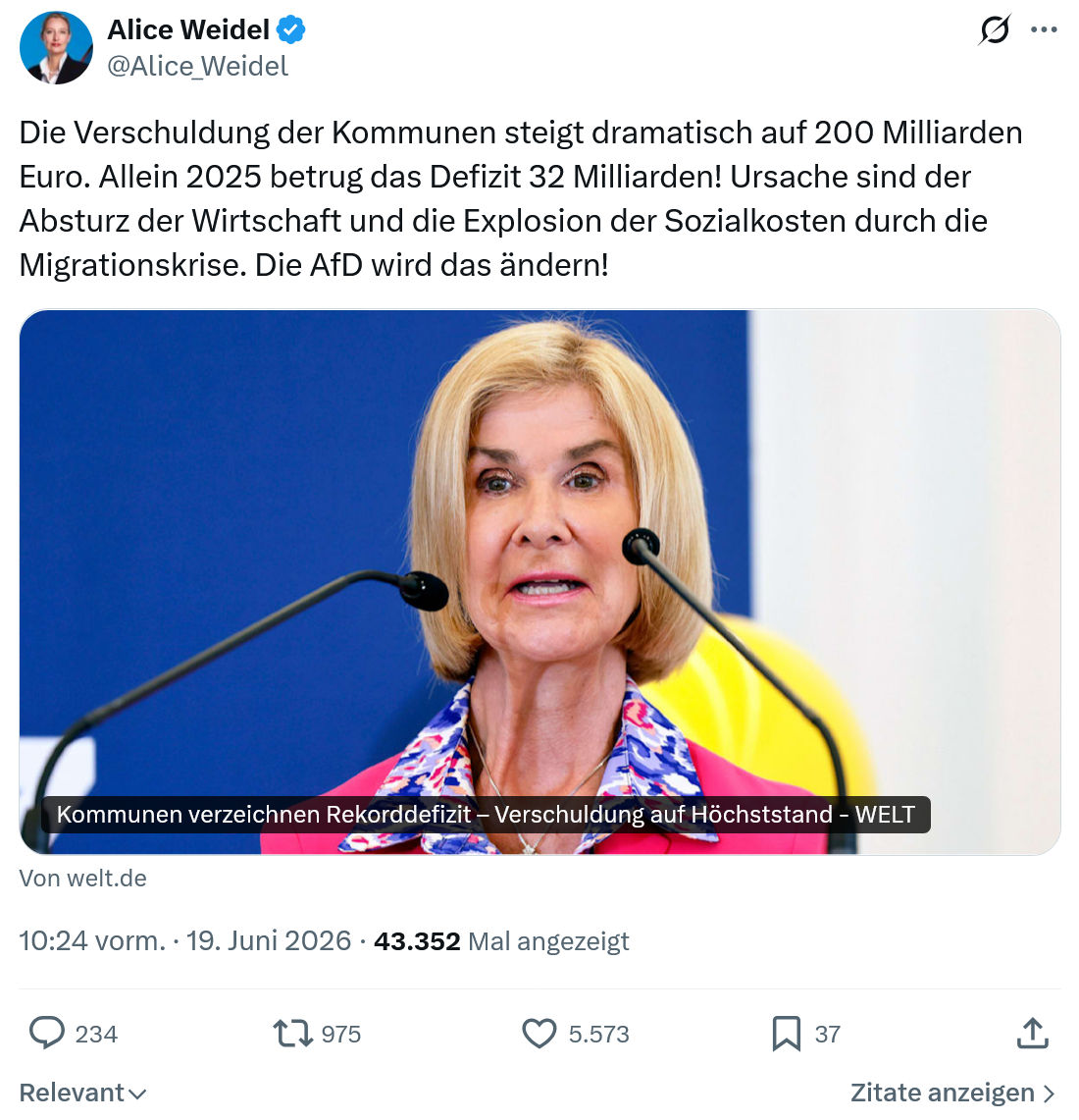 Alice Weidel: Die Verschuldung der Kommunen steigt ...