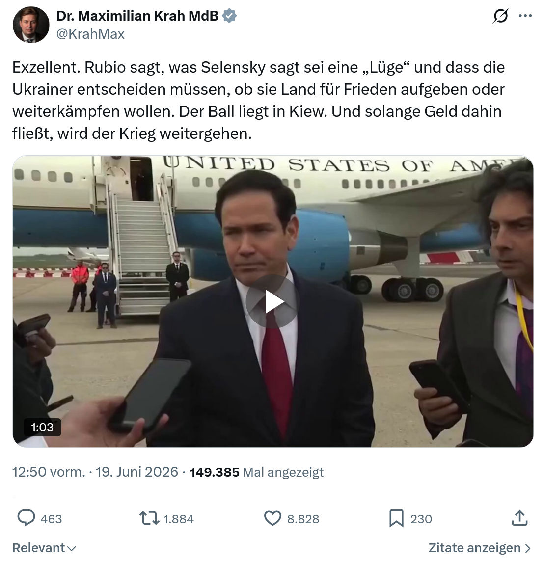 Maximilian Krah: Exzellent. Rubio sagt, was Selensky...