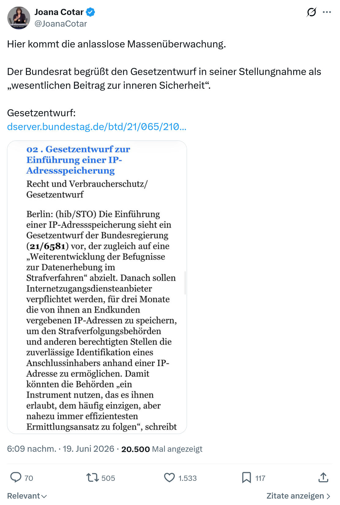Joana Cotar: Hier kommt die anlasslose Massenüberwachung...
