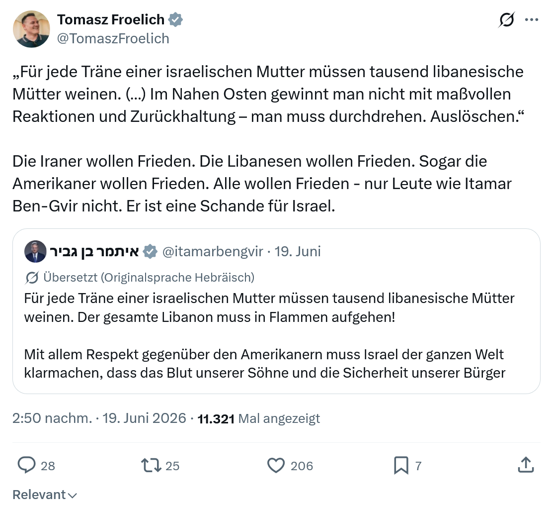 Tomasz Froelich: Für jede Träne einer israelischen...
