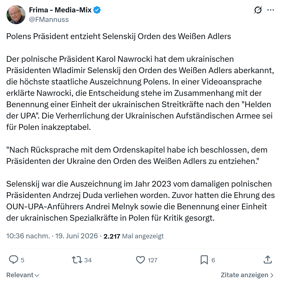 Friedrich Mannus: Polens Präsident entzieht Selenskij Orden...