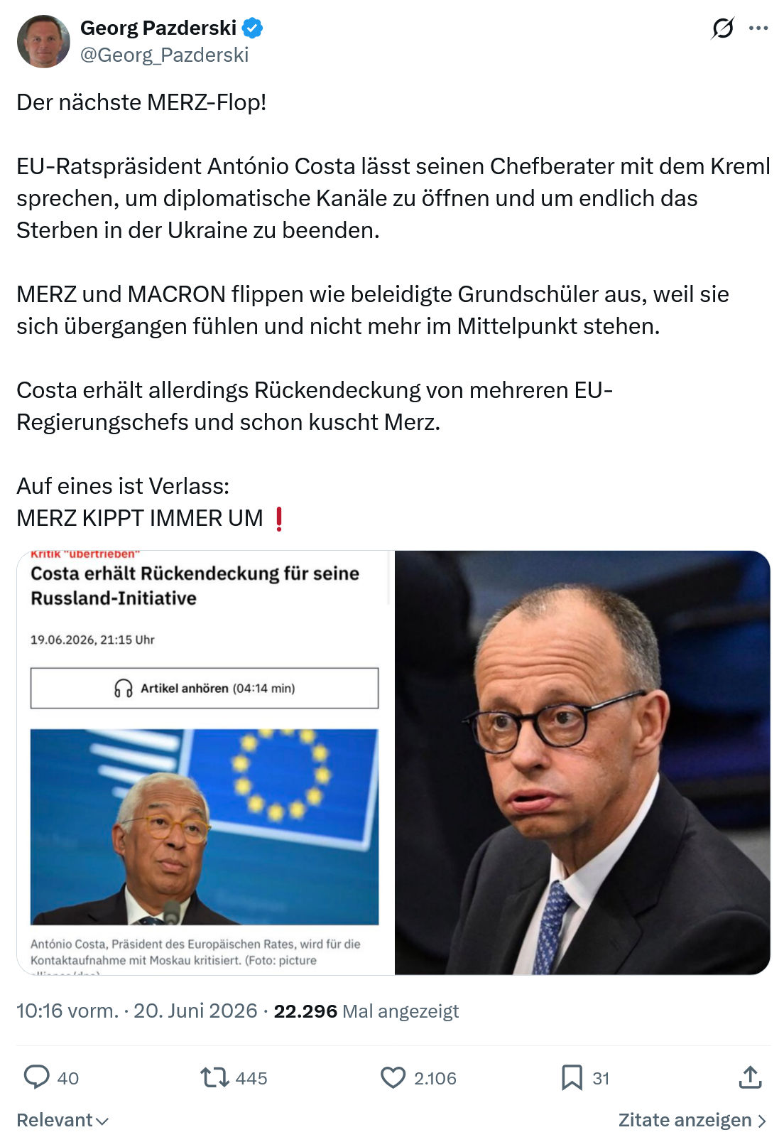 Georg Pazderski: Der nächste MERZ-Flop!  EU-Ratspräsident...