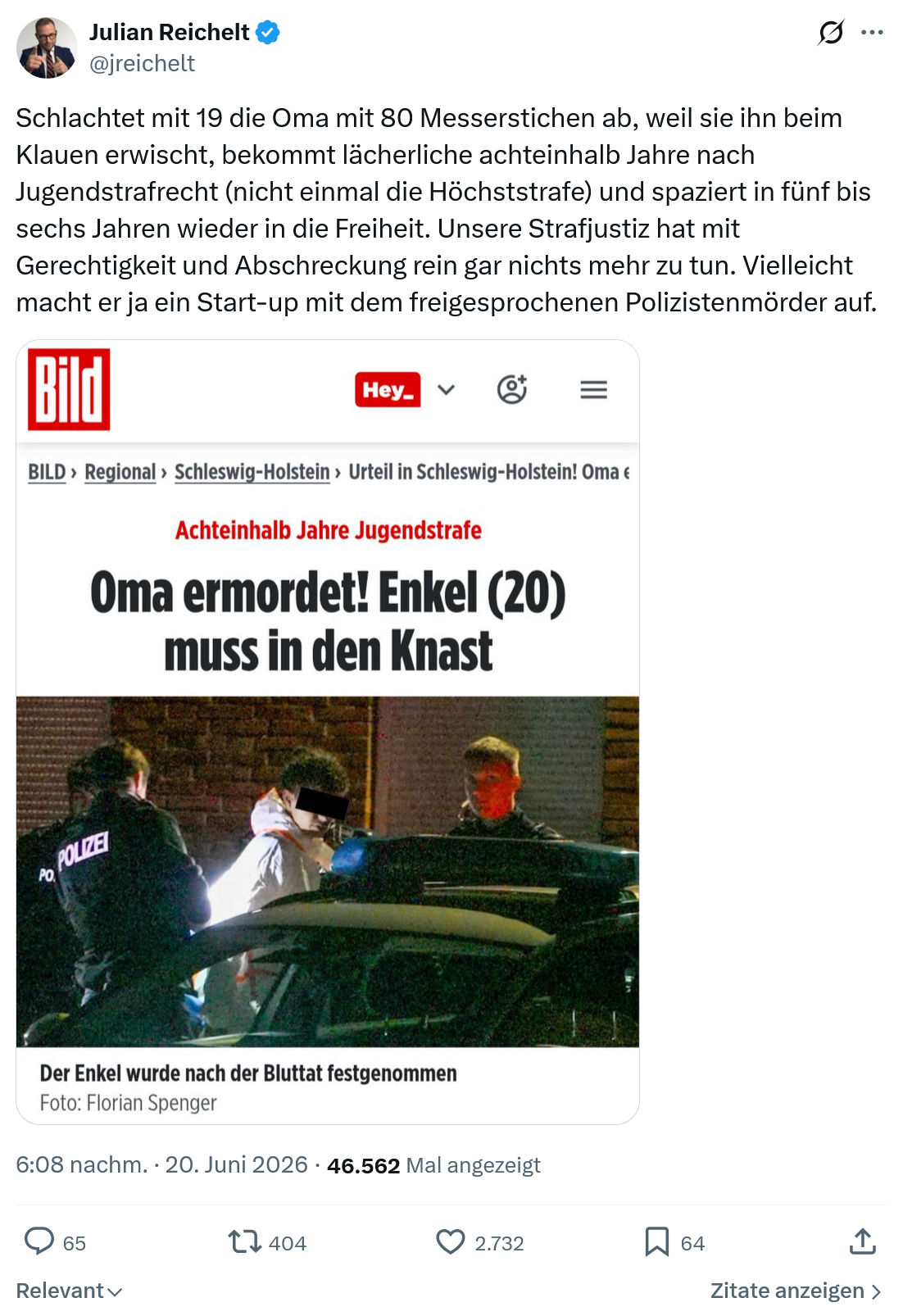 Julian Reichelt: Schlachtet mit 19 die Oma mit 80 Messerstichen...