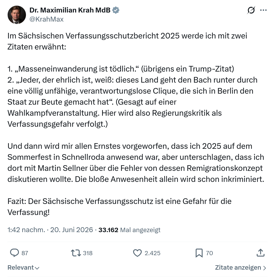 Maximilian Krah: Im Sächsischen Verfassungsschutzbericht 2025...