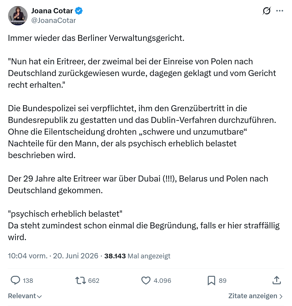 Joana Cotar: Immer wieder das Berliner Verwaltungsgericht...