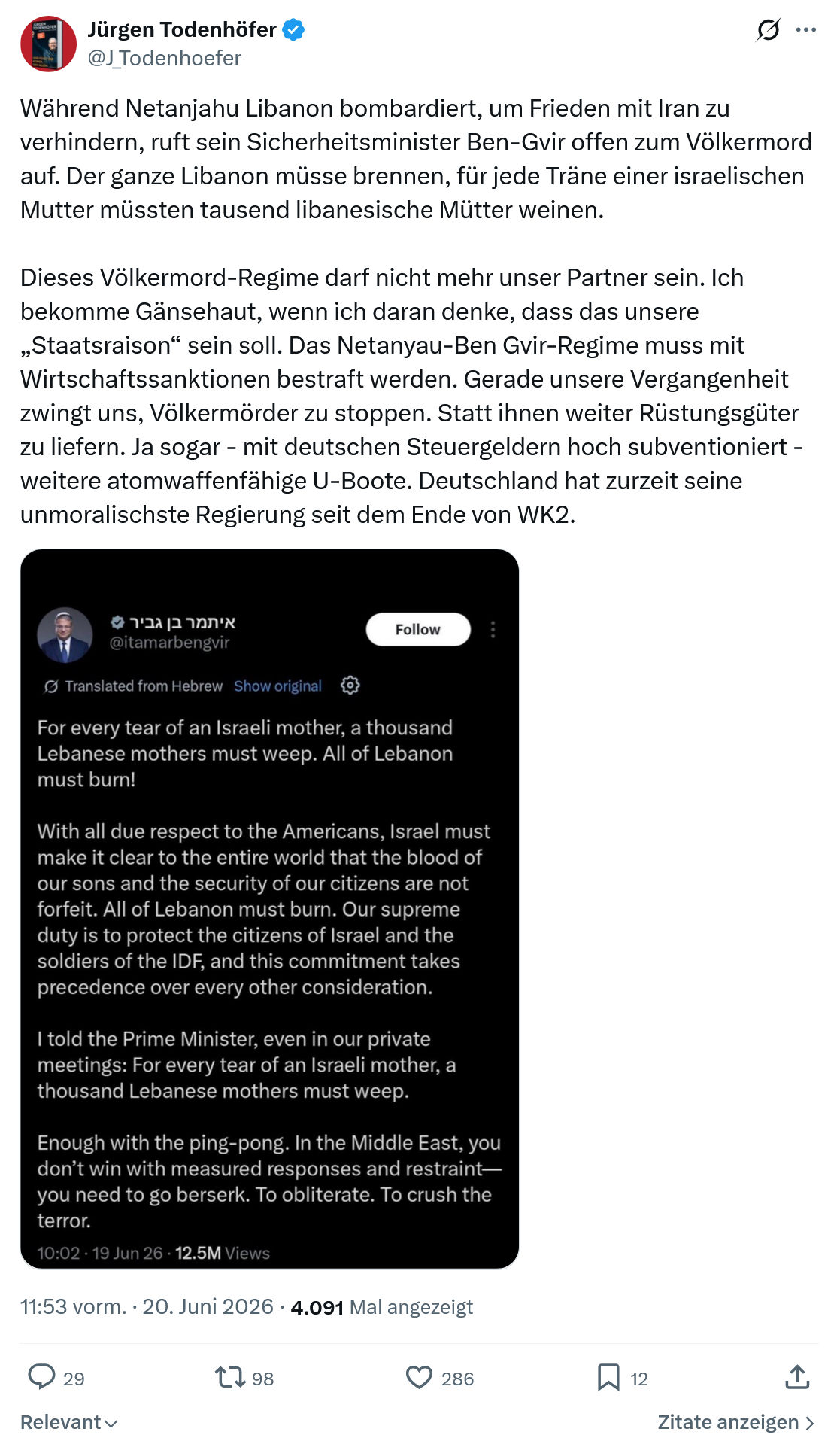 Jürgen Todenhöfer: Während Netanjahu Libanon bombardiert, um...