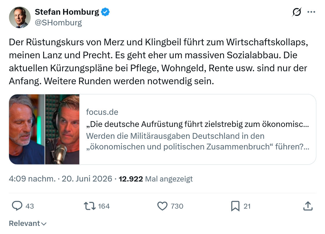 Stefan Homburg: Der Rüstungskurs von Merz und Klingbeil...