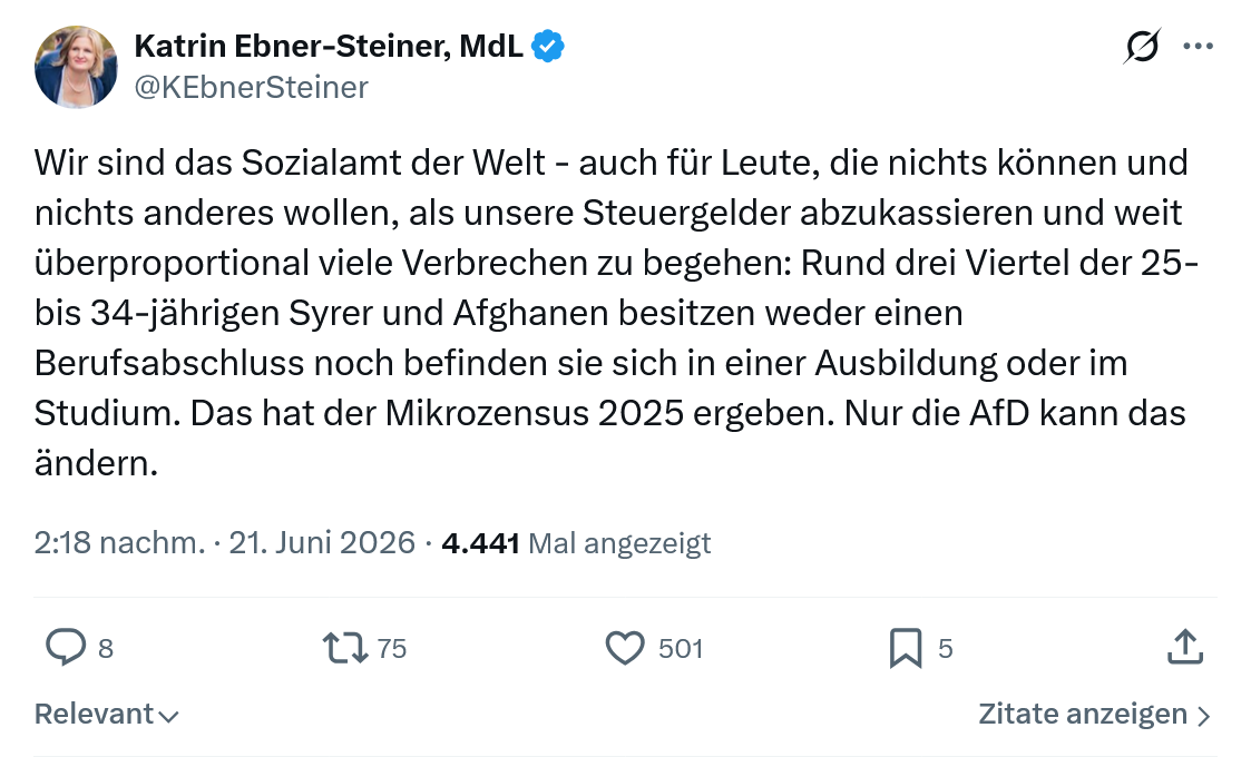 Katrin Ebner-Steiner: Wir sind das Sozialamt der Welt...