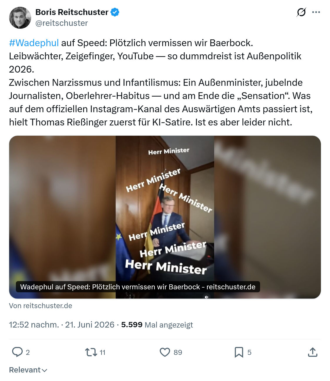 Boris Reitschuster: Wadephul auf Speed: Plötzlich vermissen...