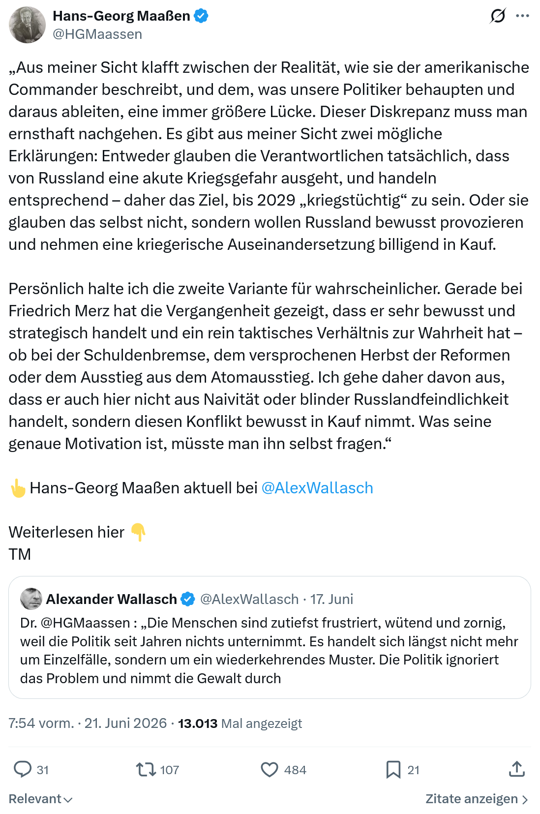 Hans-Georg Maaßen: Aus meiner Sicht klafft zwischen der Realität...