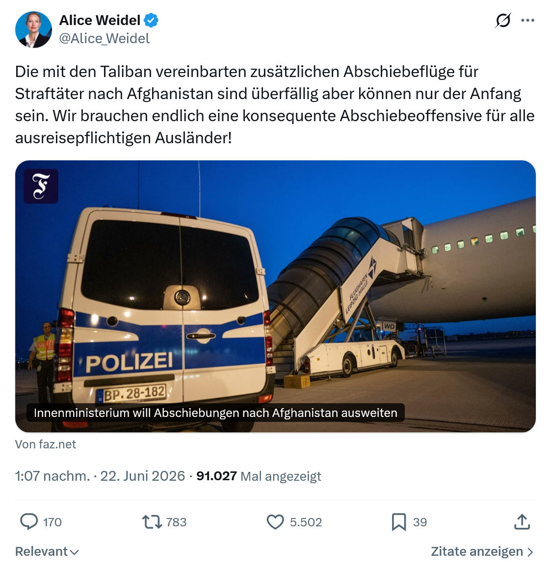 Alice Weidel: Die mit den Taliban vereinbarten zusätzlichen...