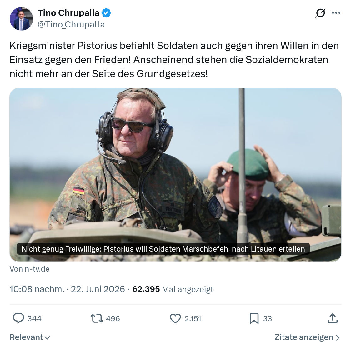 Tino Chrupalla: Kriegsminister Pistorius befiehlt Soldaten auch...