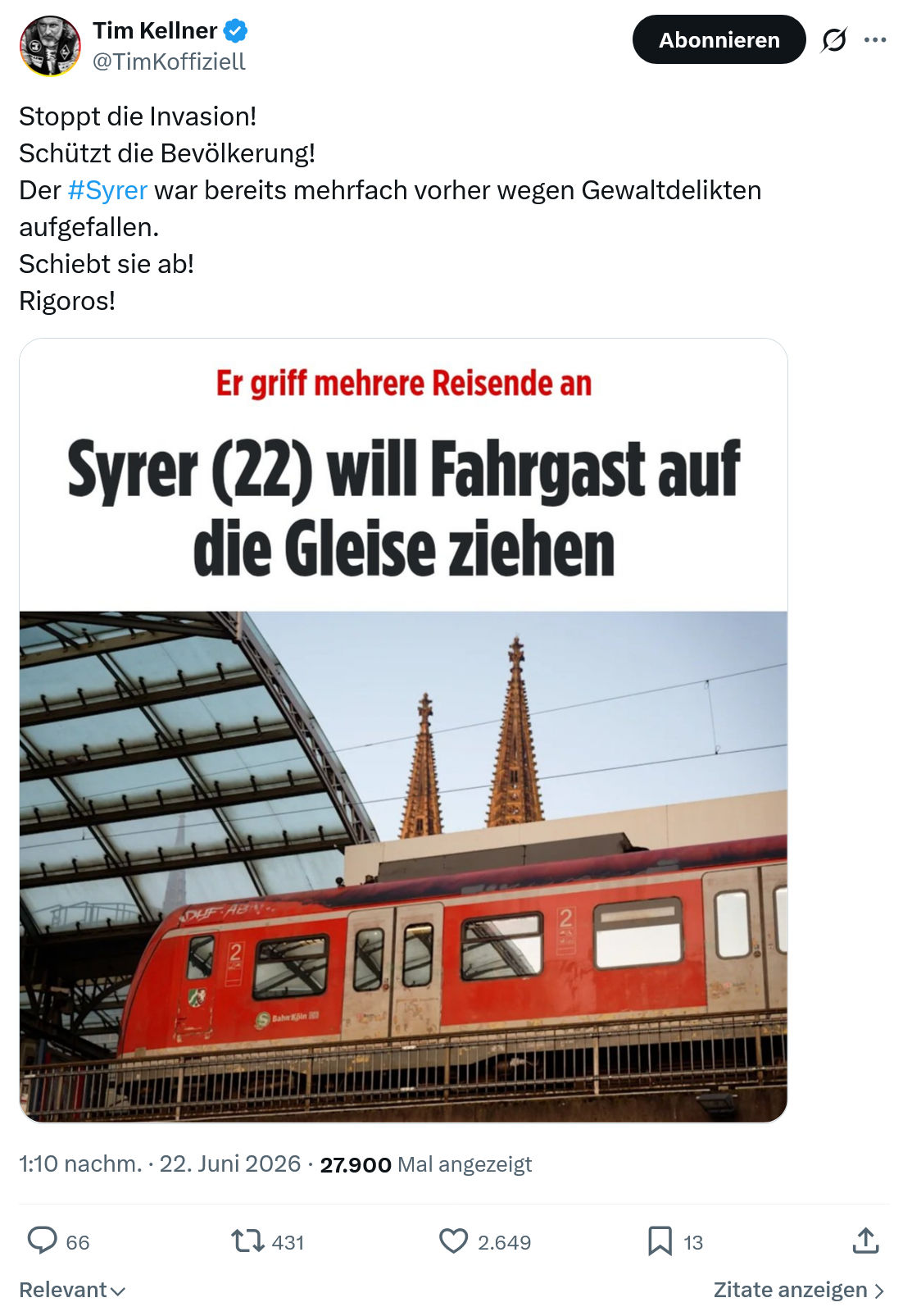 Tim Kellner: Stoppt die Invasion! Schützt die Bevölkerung...