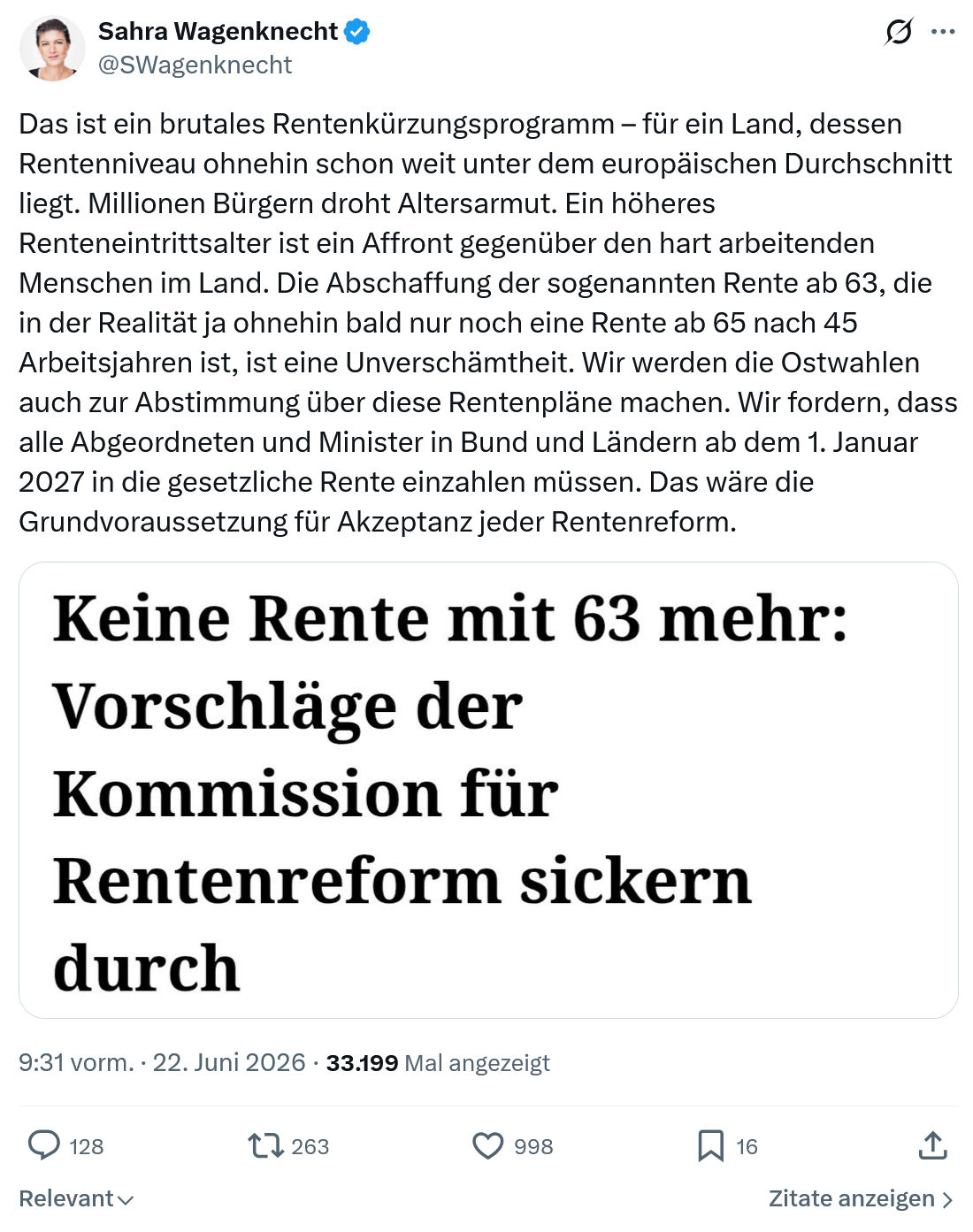 Sahra Wagenknecht: Das ist ein brutales Rentenkürzungsprogramm...