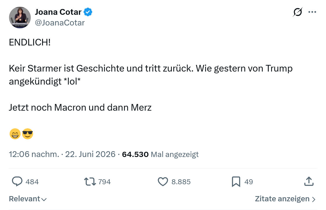 Joana Cotar: ENDLICH!  Keir Starmer ist Geschichte ...