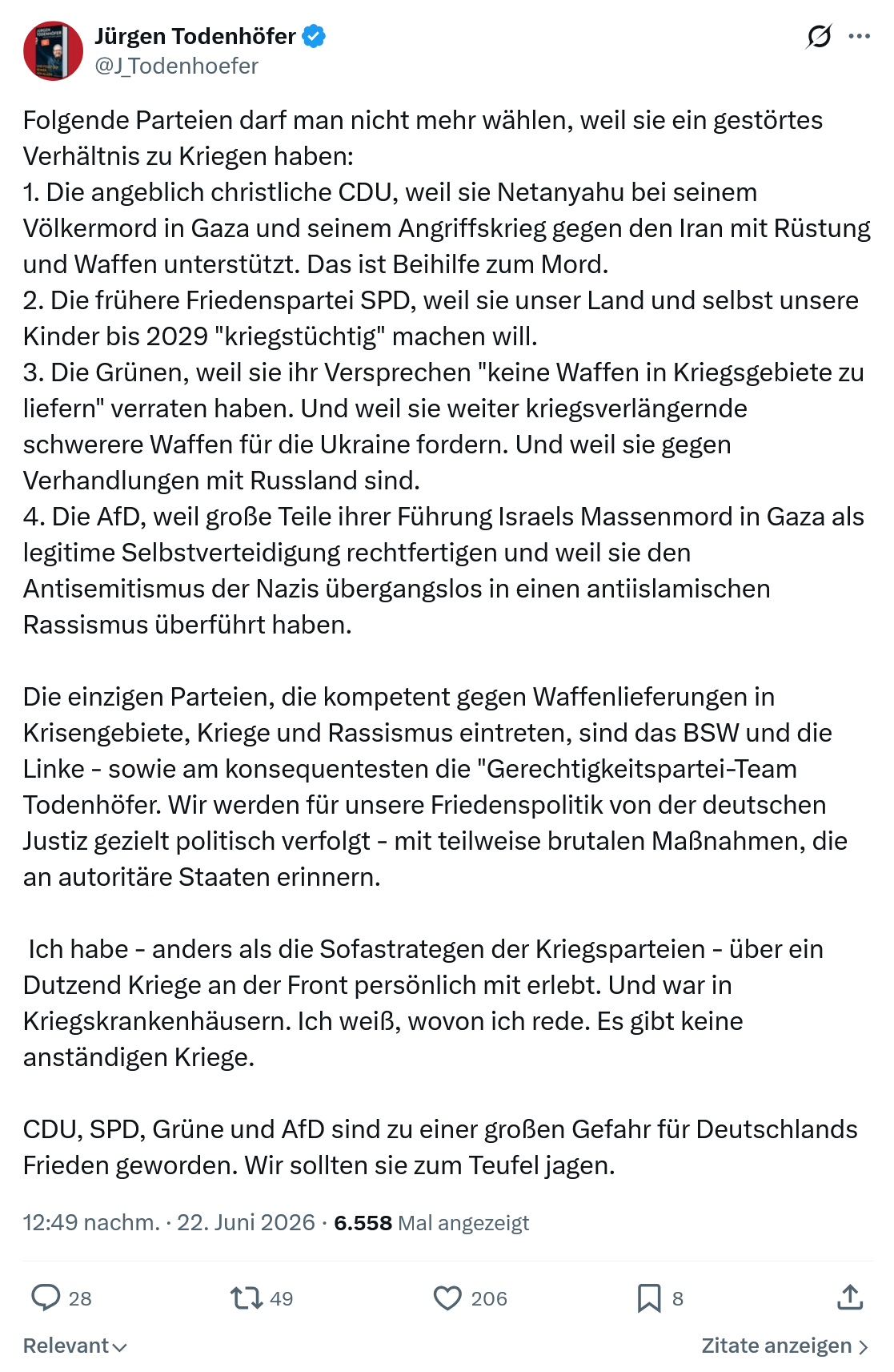 Jürgen Todenhöfer: Folgende Parteien darf man nicht mehr...