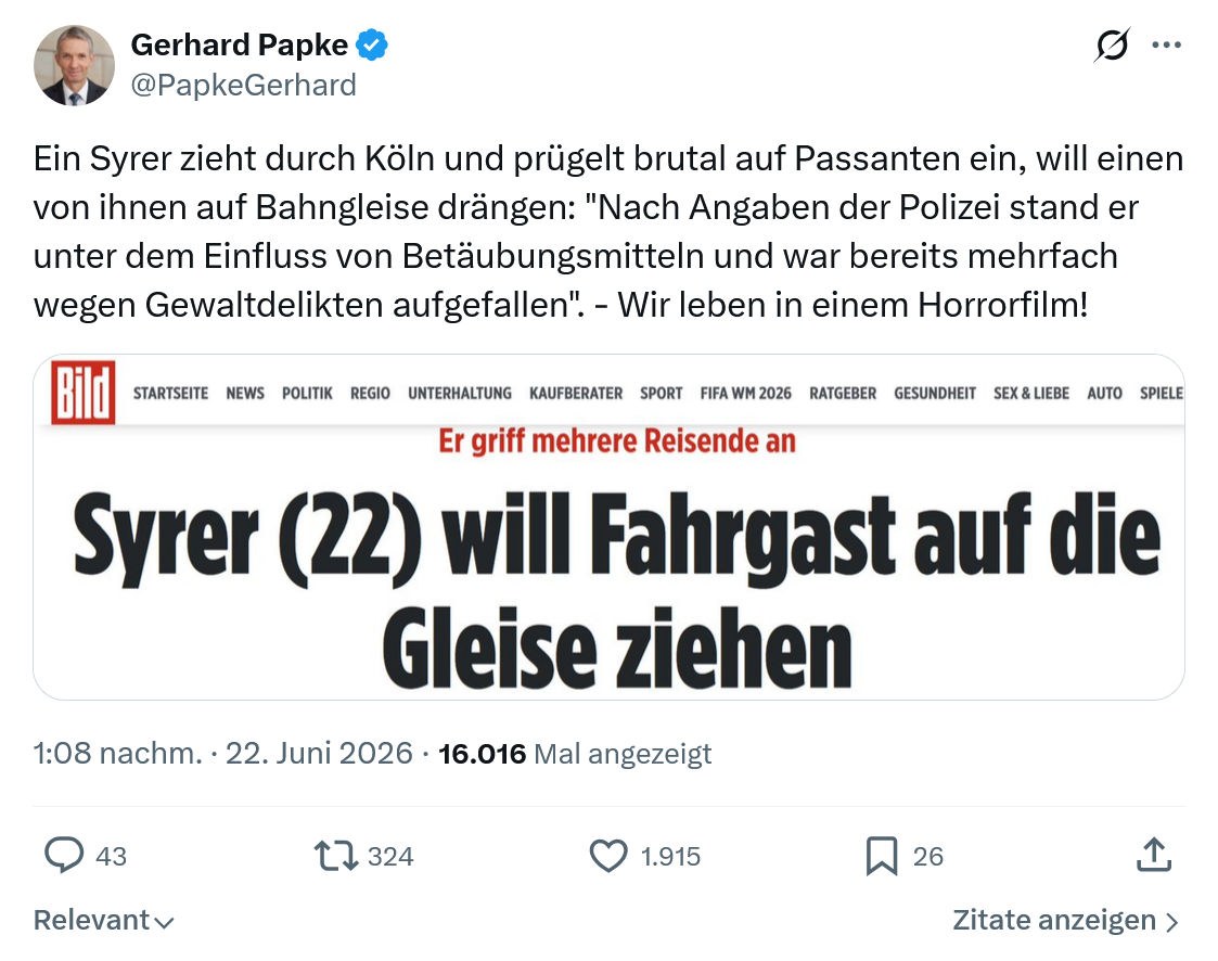 Gerhard Papke: Ein Syrer zieht durch Köln und prügelt...