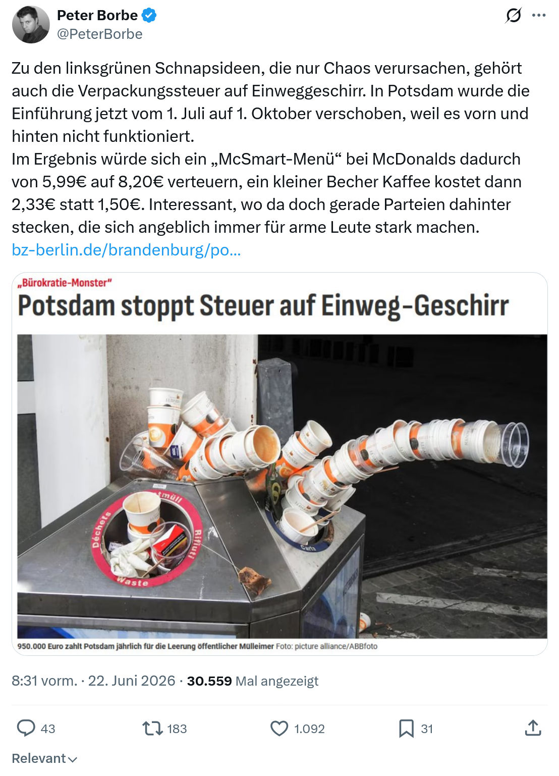 Peter Borbe: Zu den linksgrünen Schnapsideen, die nur...
