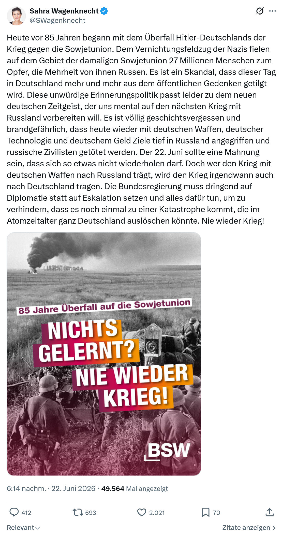 Sahra Wagenknecht: Heute vor 85 Jahren begann mit...
