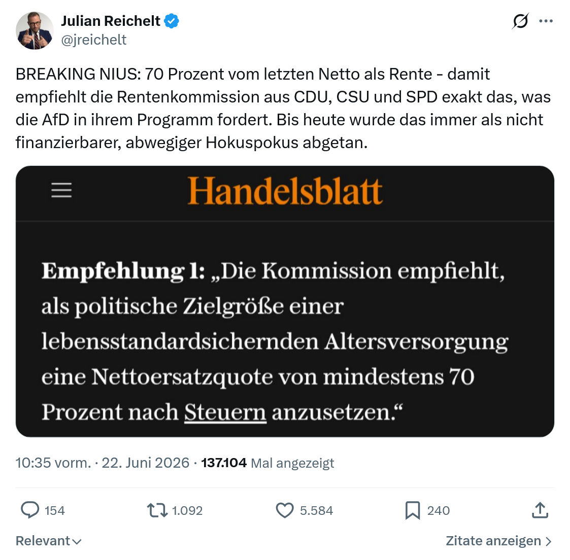 Julian Reichelt: BREAKING NIUS: 70 Prozent vom...