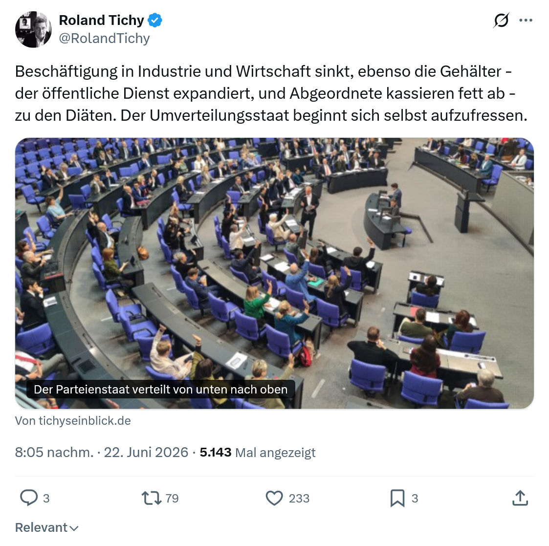 Roland Tichy: Beschäftigung in Industrie und Wirtschaft sinkt...