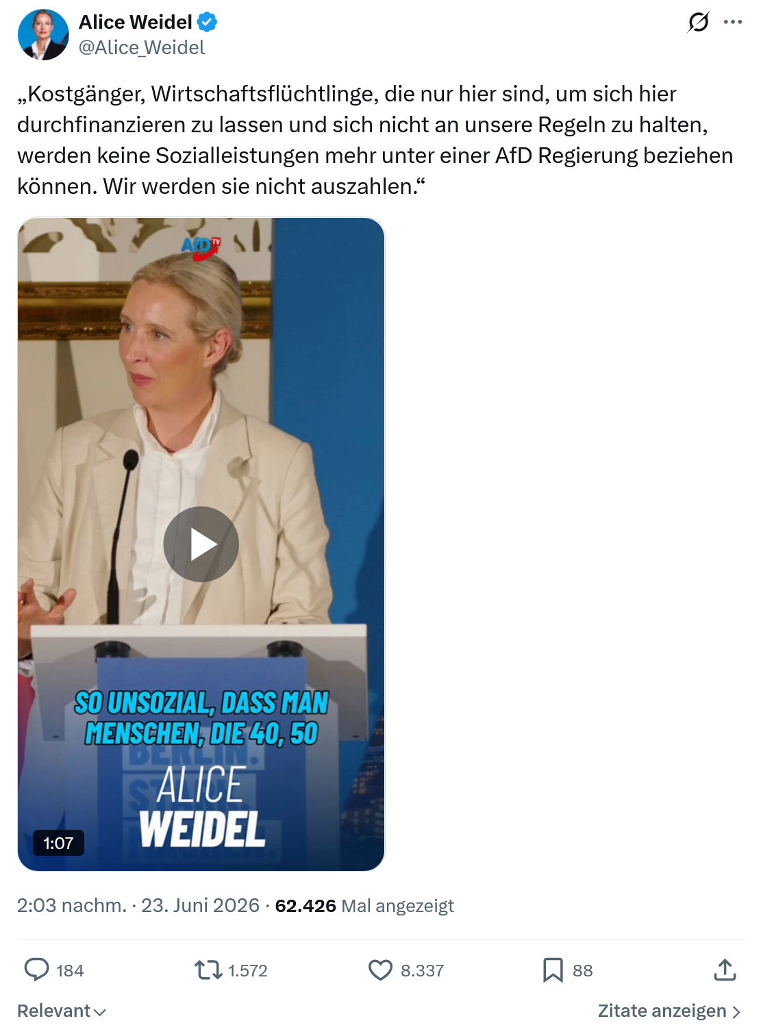 Alice Weidel: Kostgänger, Wirtschaftsflüchtlinge, die nur hier...