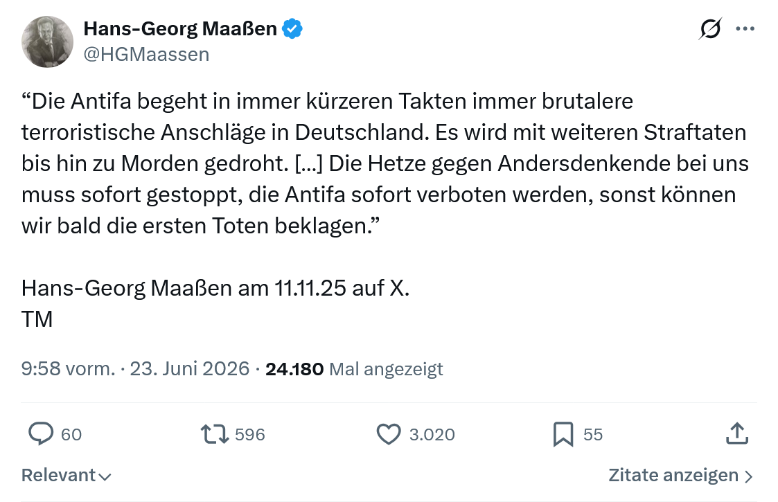 Hans-Georg Maaßen: Die Antifa begeht in immer kürzeren Takten...