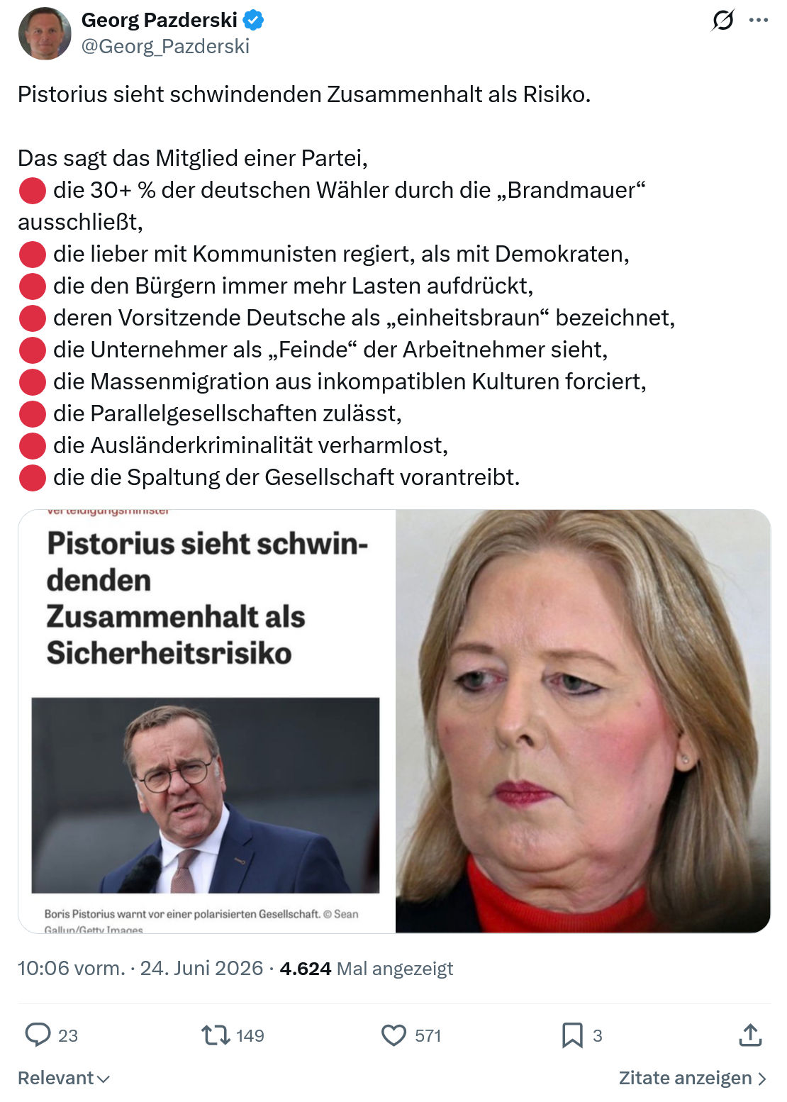 Georg Pazderski: Pistorius sieht schwindenden Zusammenhalt als...