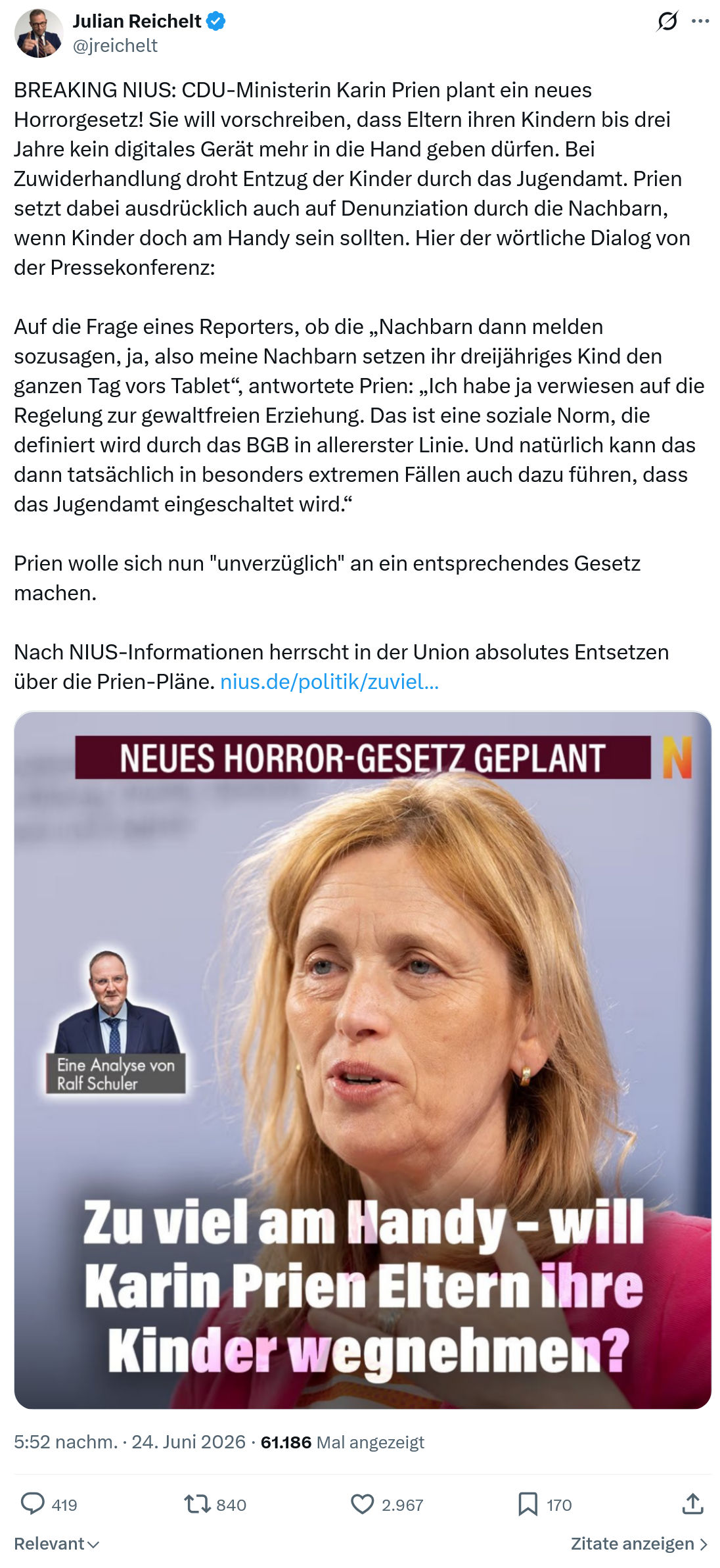 Julian Reichelt: BREAKING NIUS: CDU-Ministerin Karin...