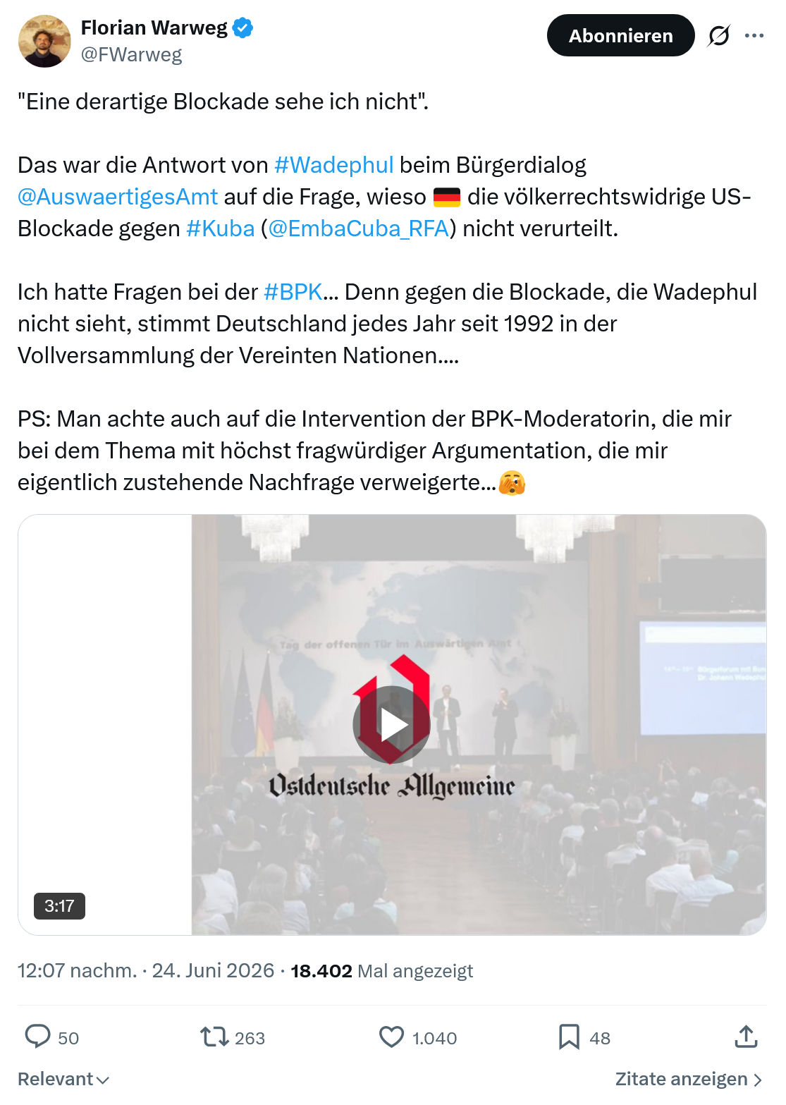 Florian Warweg: Eine derartige Blockade sehe ich nicht...
