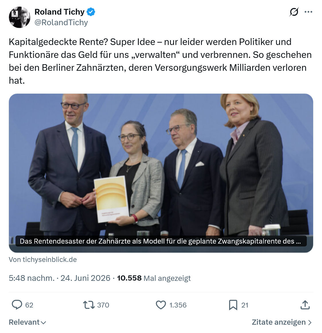 Roland Tichy: Kapitalgedeckte Rente? Super Idee – nur...