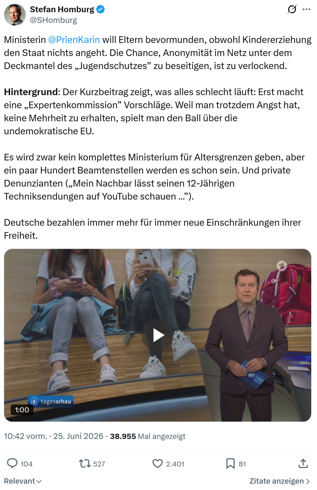 Stefan Homburg: Ministerin @PrienKarin  will Eltern bevormunden...