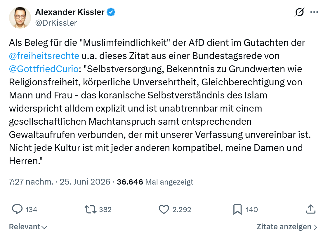 Alexander Kissler: Als Beleg für die Muslimfeindlichkeit...