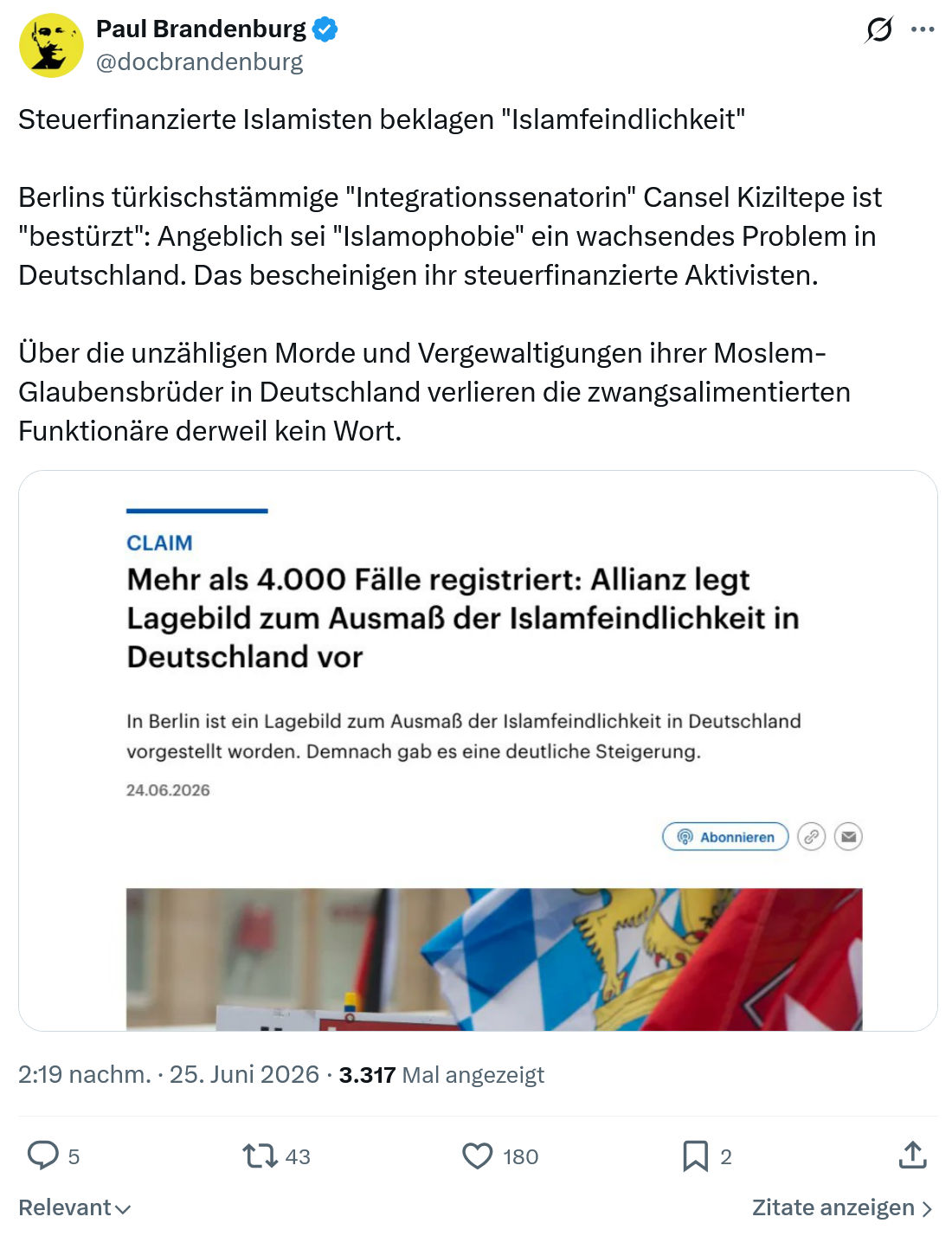 Paul Brandenburg: Steuerfinanzierte Islamisten beklagen Islamfeindlichkeit...