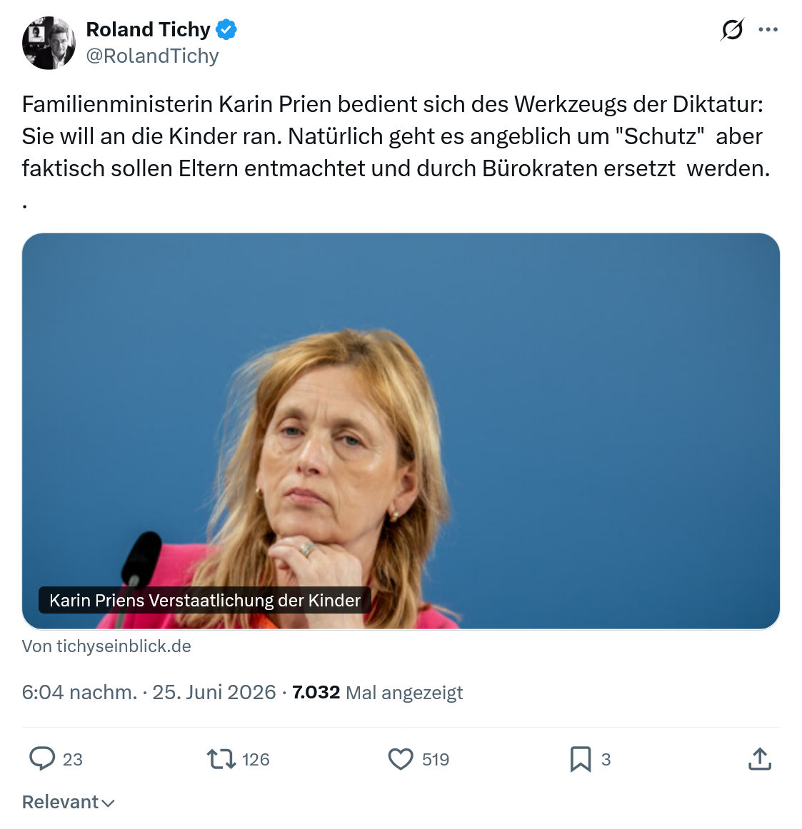 Roland Tichy: Familienministerin Karin Prien bedient sich...