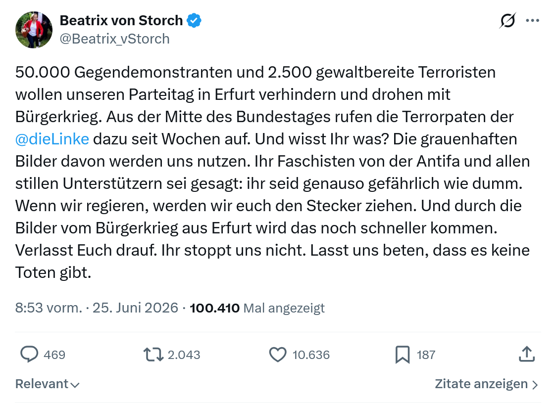 Beatrix von Storch: 50.000 Gegendemonstranten und 2.500 gewaltbereite...