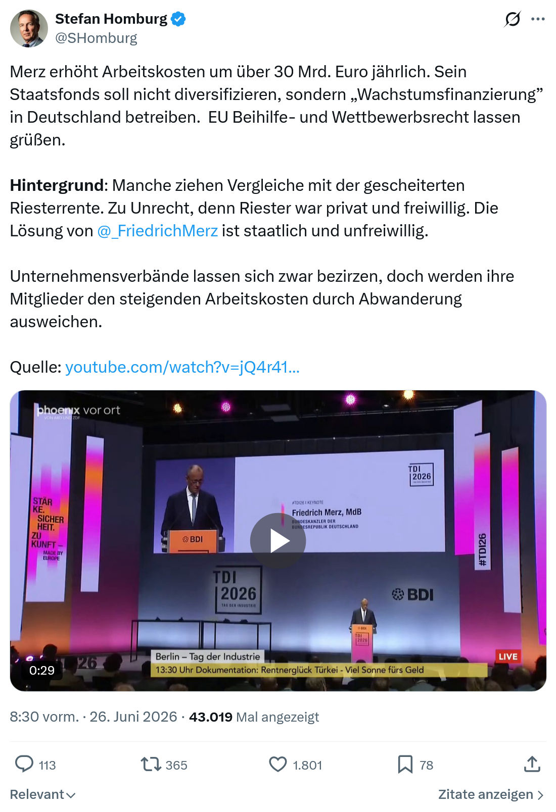 Stefan Homburg: Merz erhöht Arbeitskosten um über...